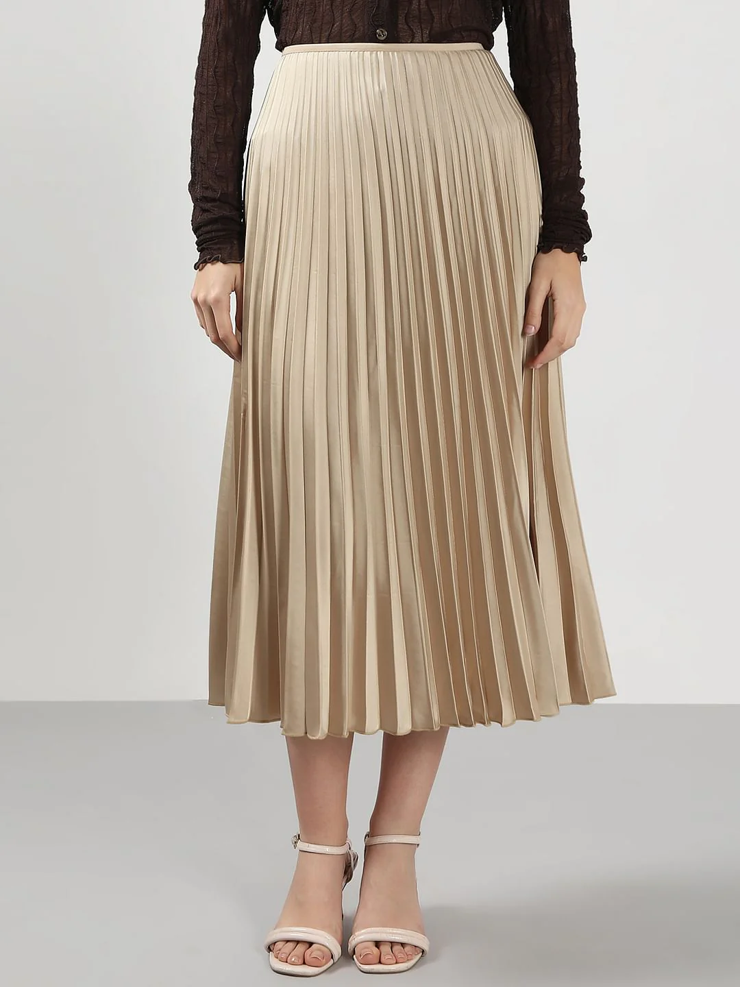 Beige High Rise Pleated Midi Skirt - Image 2