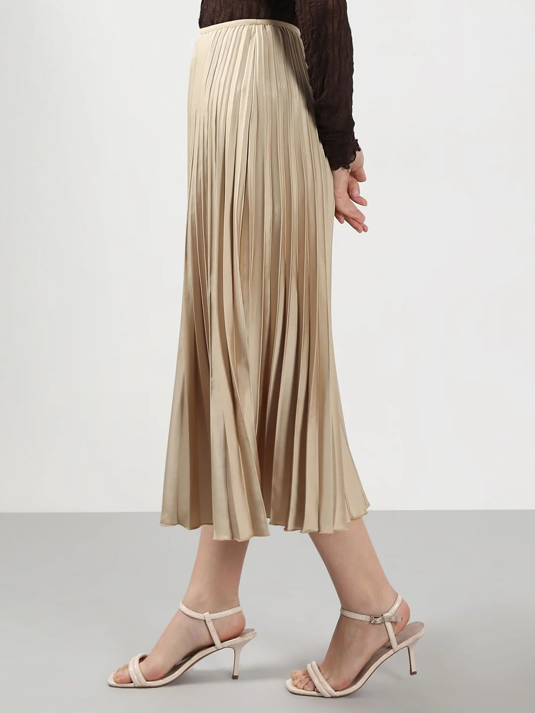 Beige High Rise Pleated Midi Skirt - Image 3