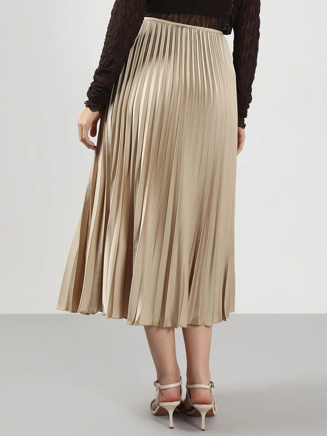Beige High Rise Pleated Midi Skirt - Image 4