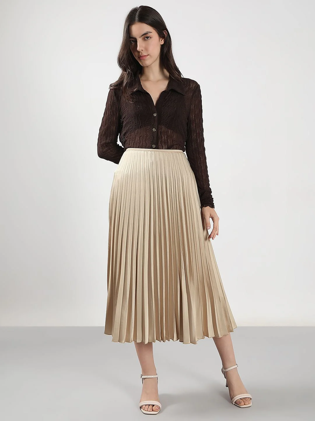 Beige High Rise Pleated Midi Skirt - Image 5