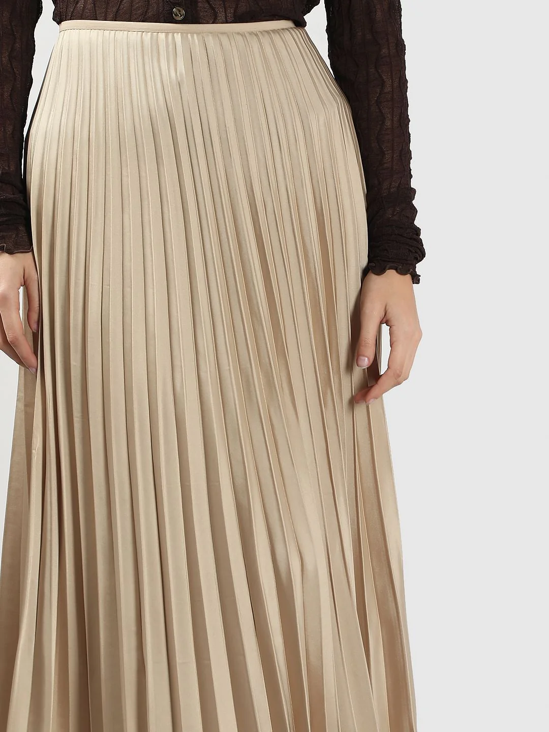 Beige High Rise Pleated Midi Skirt - Image 6