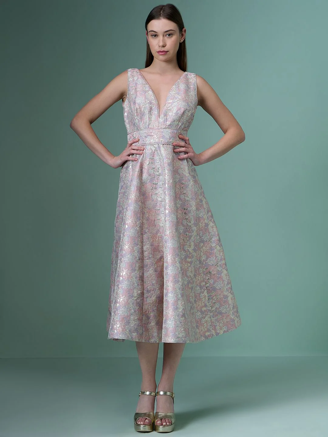 Marquee Pink Floral Plunge Neckline Dress - Image 2