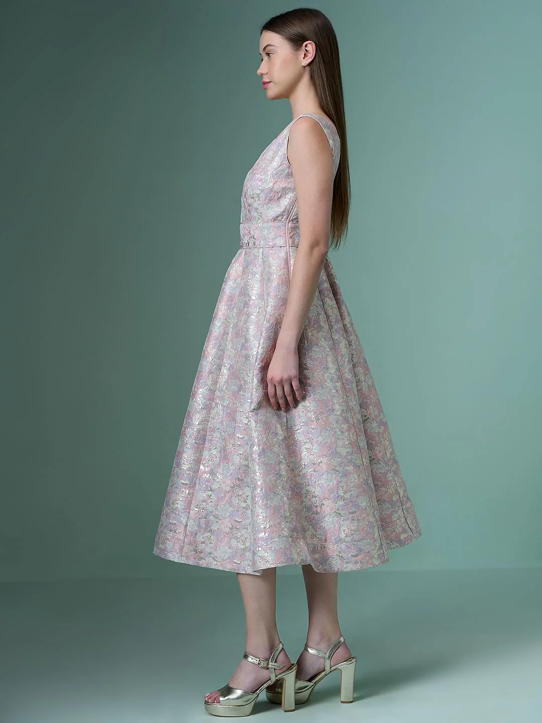 Marquee Pink Floral Plunge Neckline Dress - Image 3