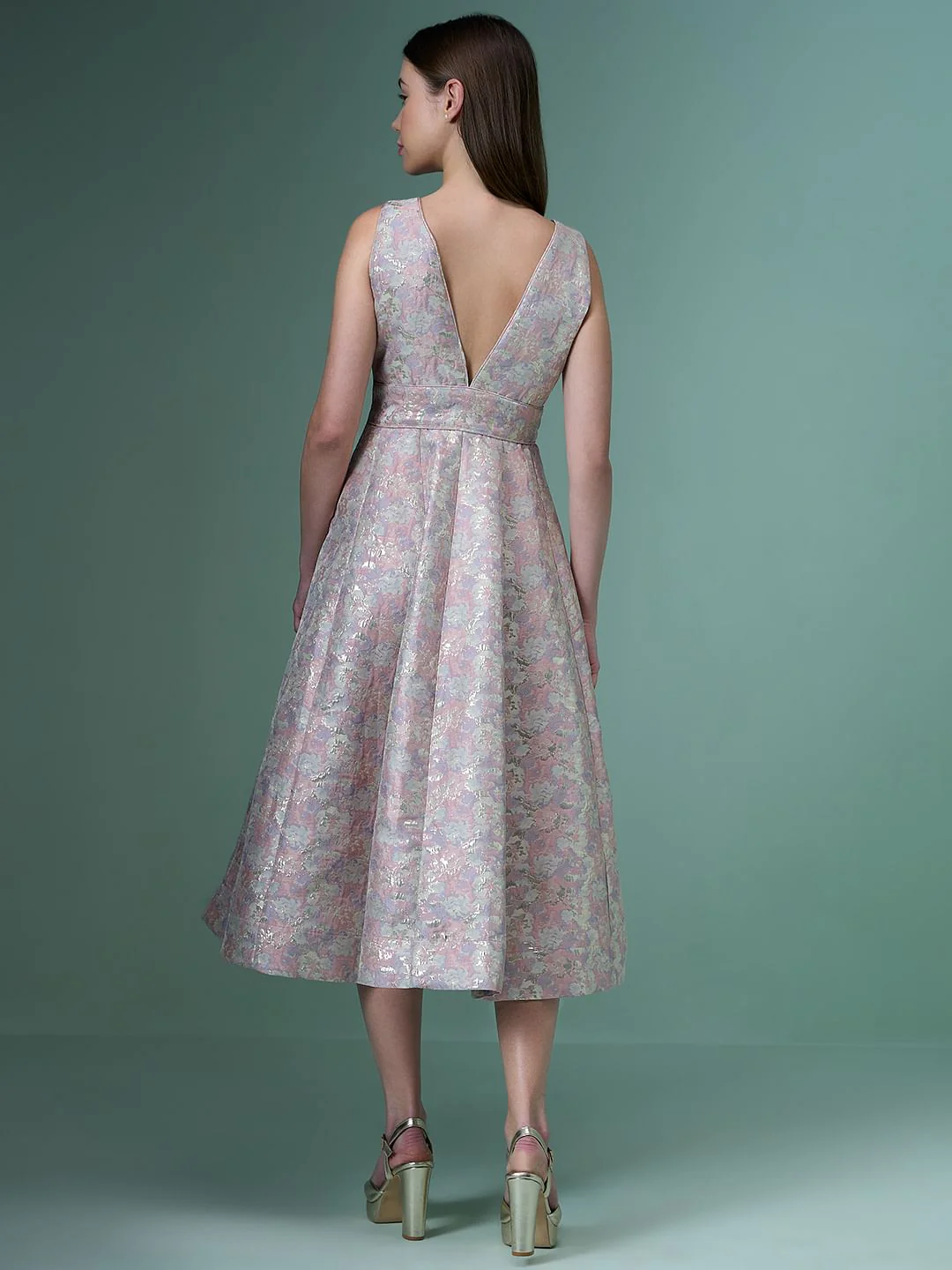 Marquee Pink Floral Plunge Neckline Dress - Image 4