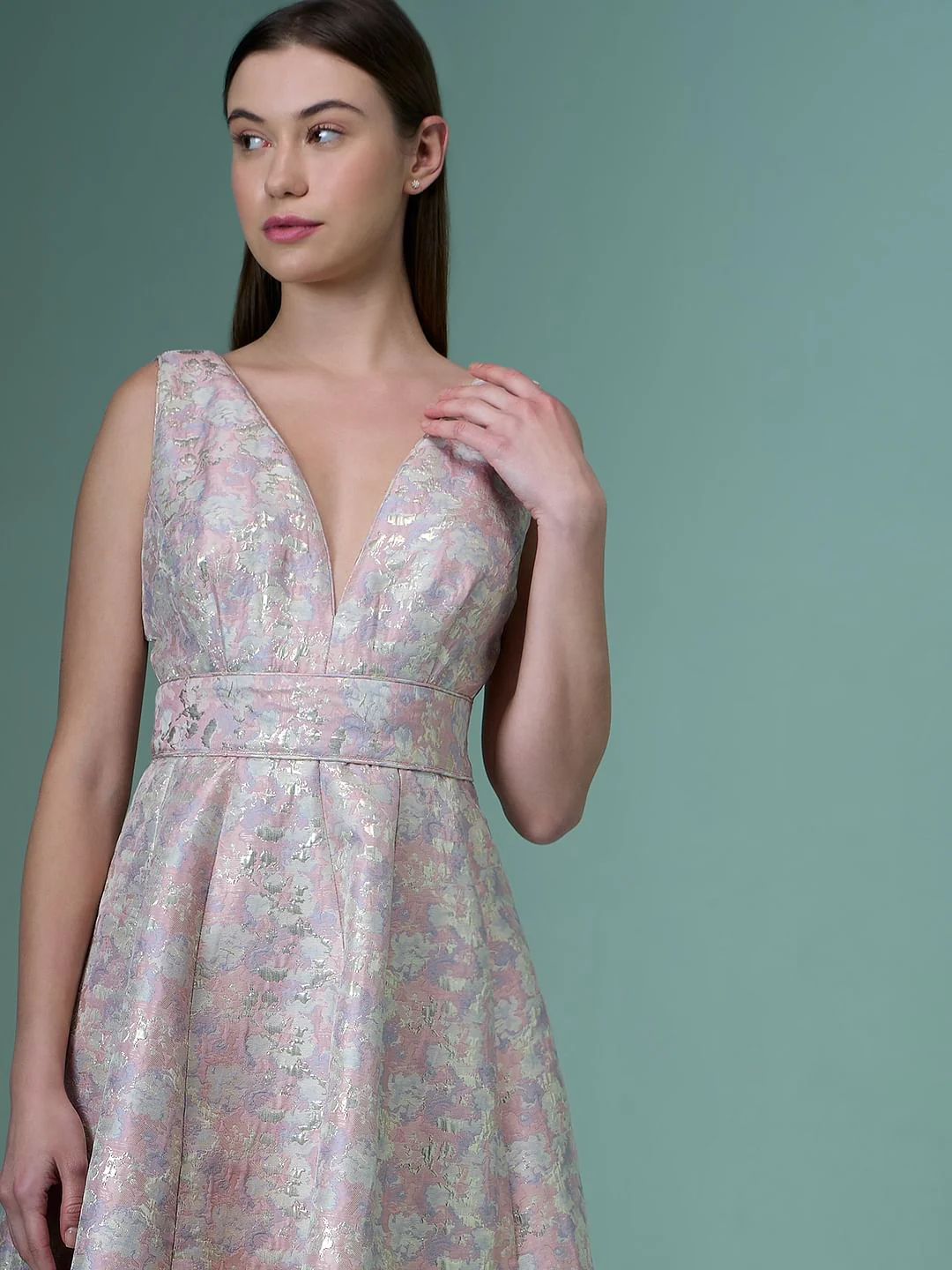Marquee Pink Floral Plunge Neckline Dress - Image 5