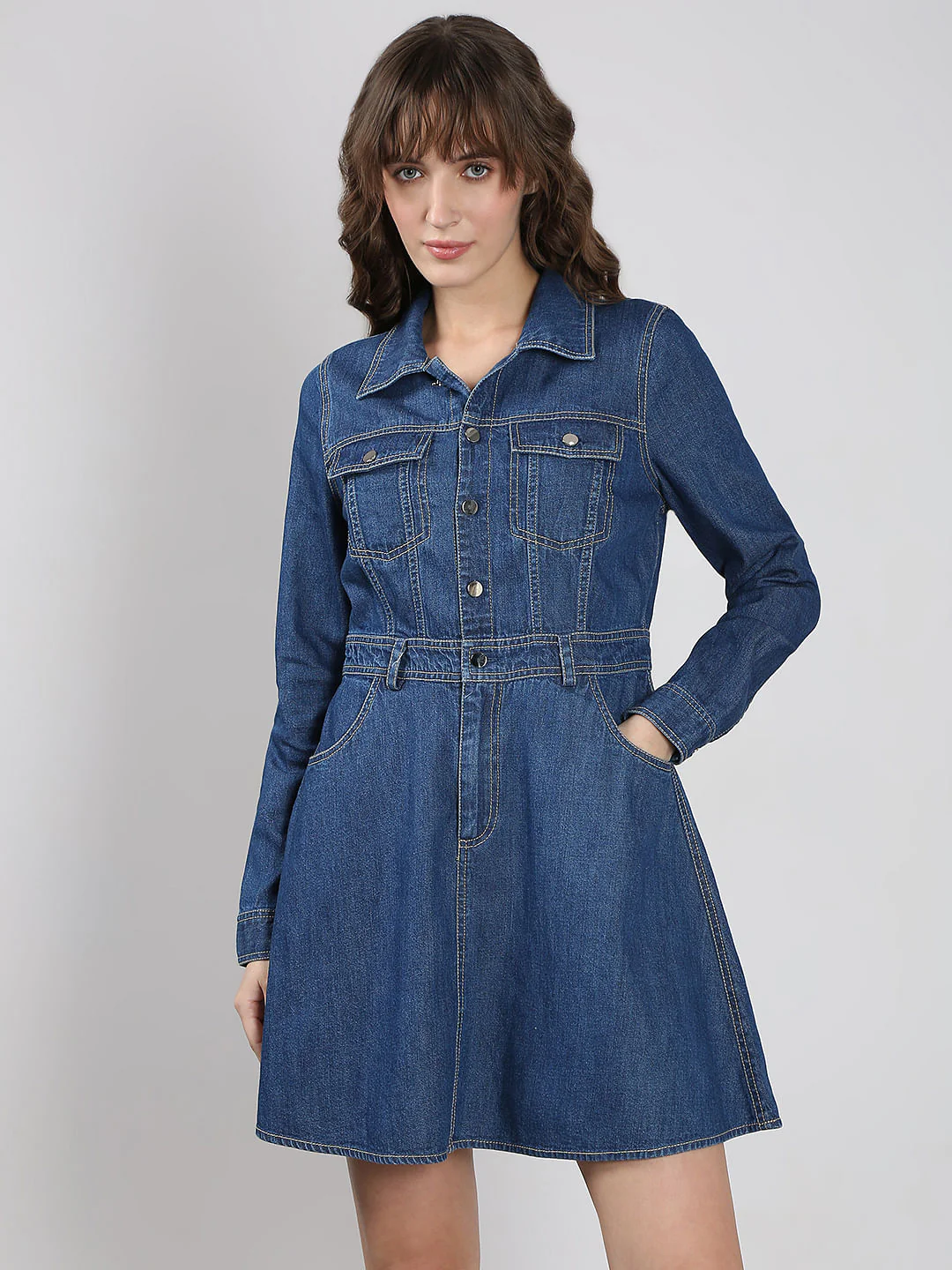 Blue Cotton Fit & Flare Denim Dress - Image 2
