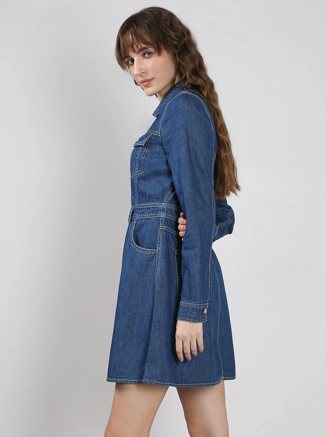 Blue Cotton Fit & Flare Denim Dress - Image 3