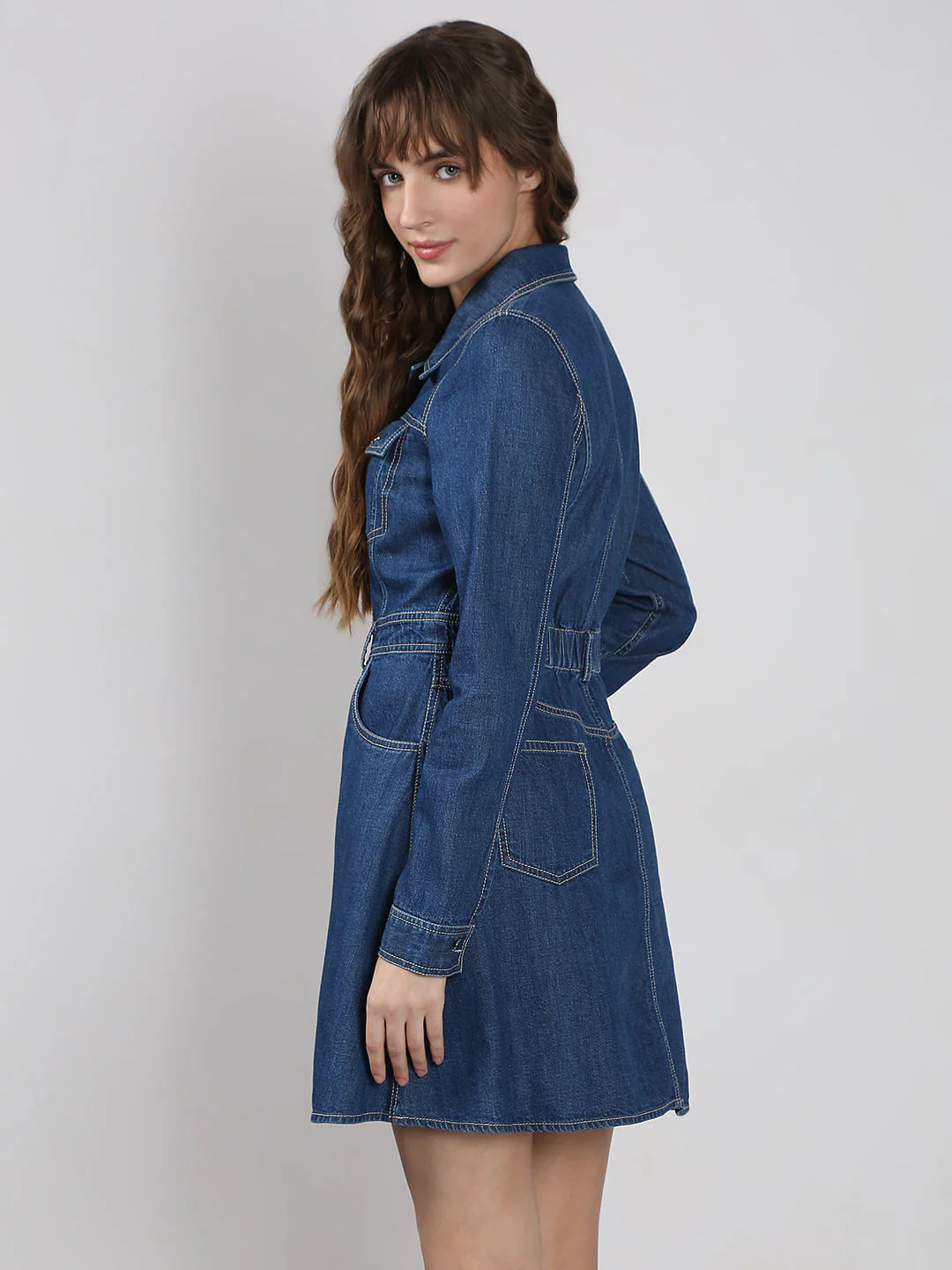 Blue Cotton Fit & Flare Denim Dress - Image 4
