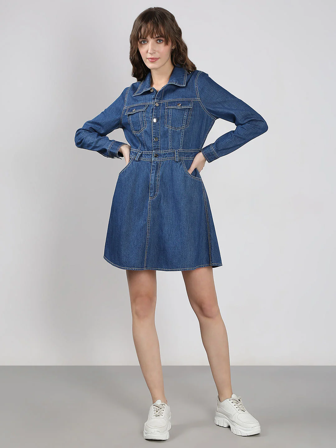 Blue Cotton Fit & Flare Denim Dress - Image 5