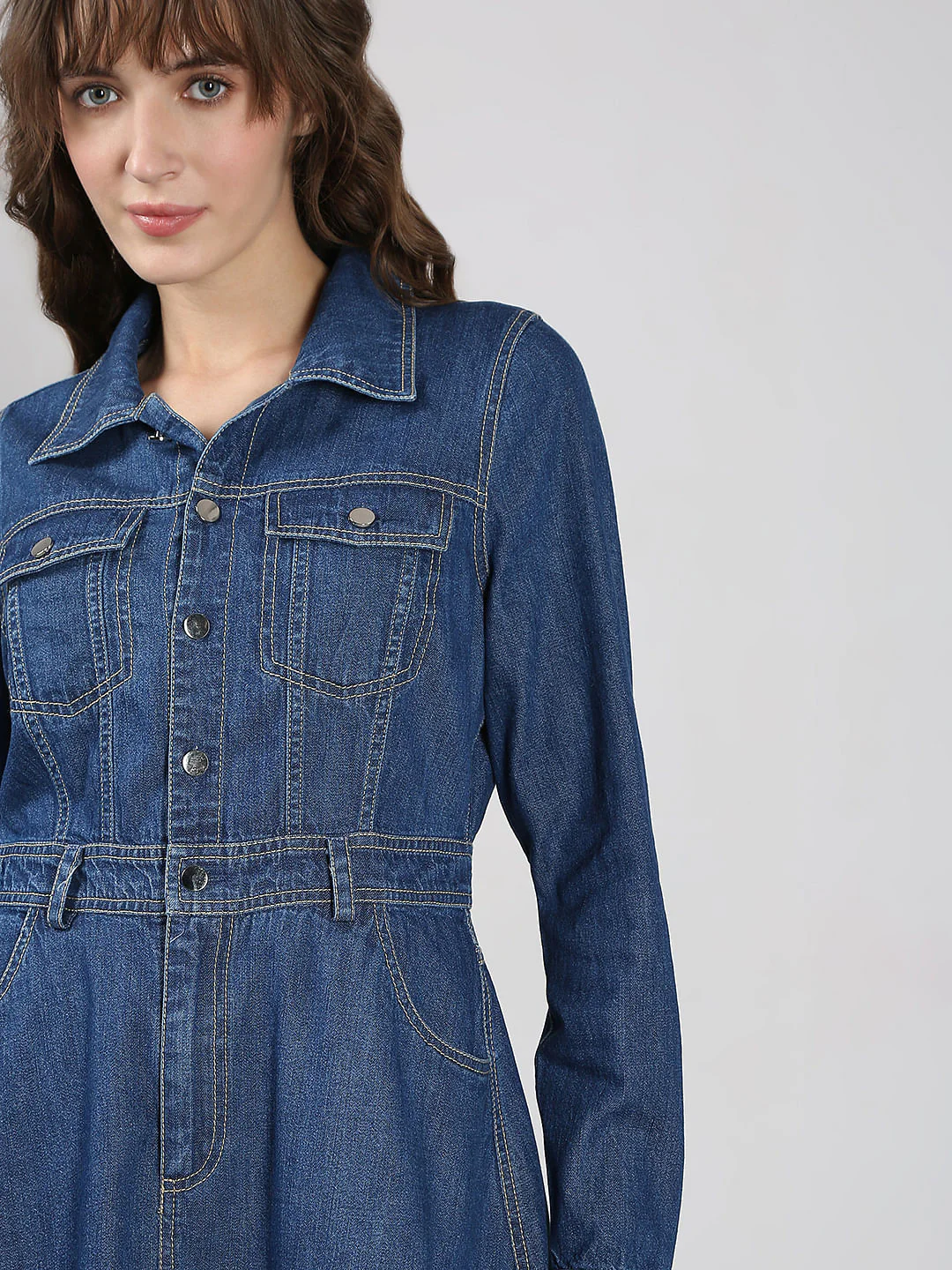 Blue Cotton Fit & Flare Denim Dress - Image 6
