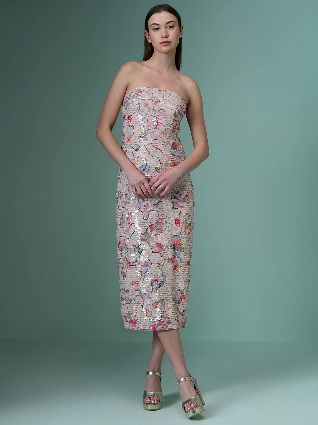 Marquee Pink Sequin Floral Detail Off-Shoulder Dress - Image 2