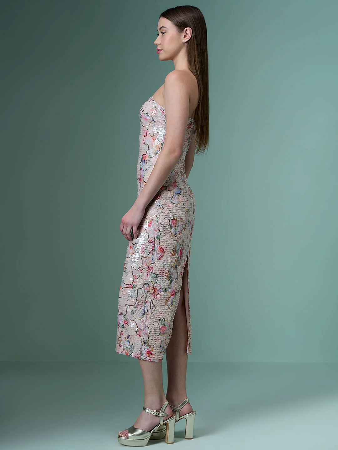 Marquee Pink Sequin Floral Detail Off-Shoulder Dress - Image 3