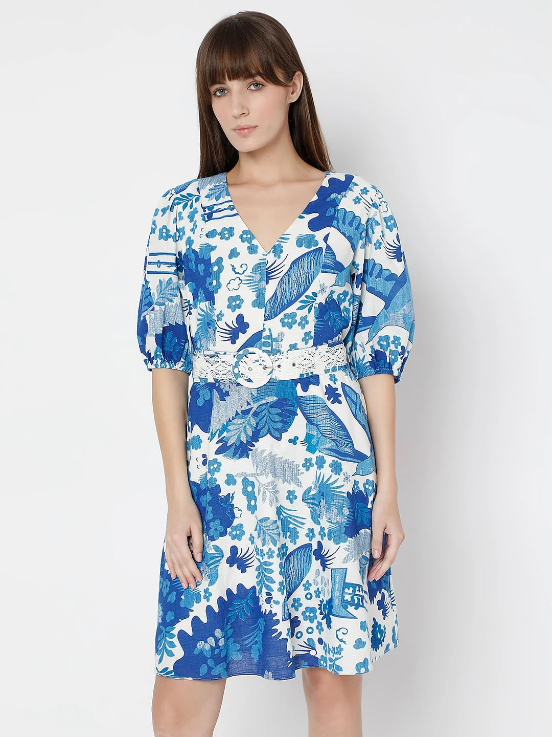 White & Blue Printed Short Dress - Image 2