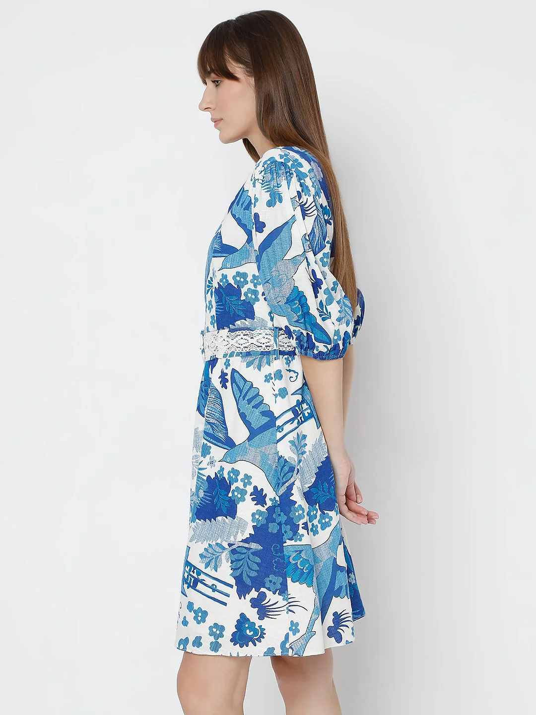 White & Blue Printed Short Dress - Image 3