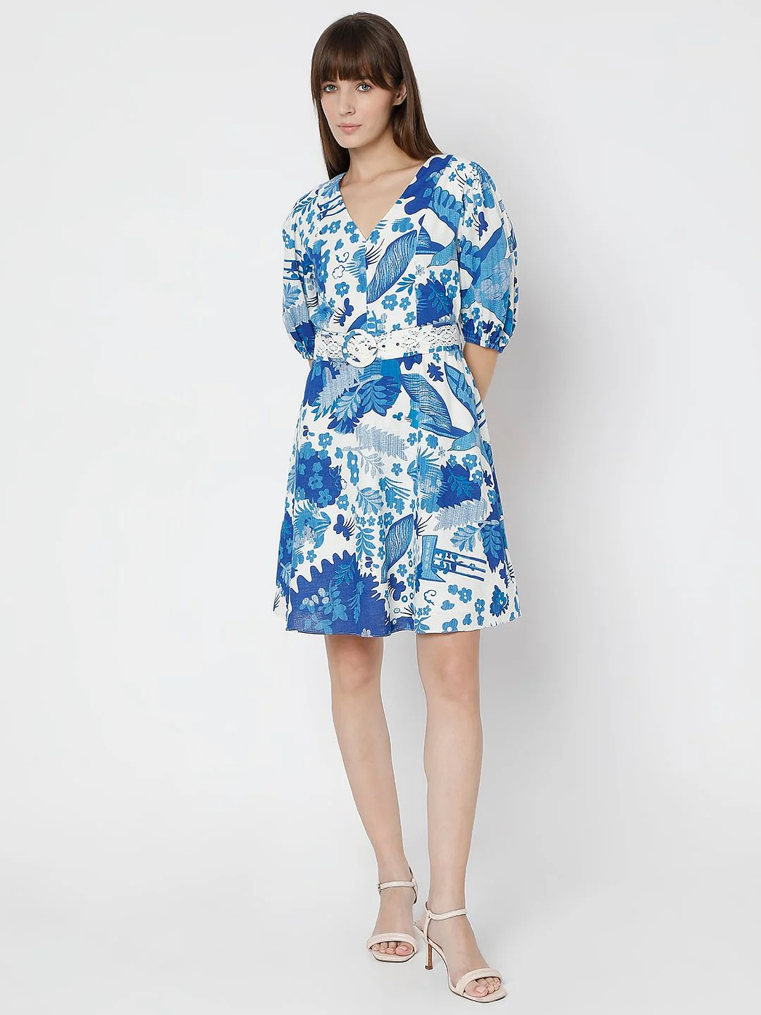 White & Blue Printed Short Dress - Image 5