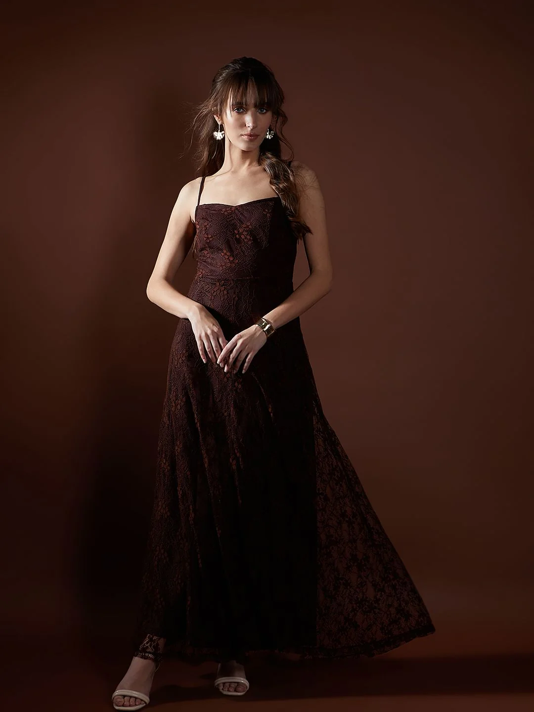 Dark Brown Mesh Lace Dress