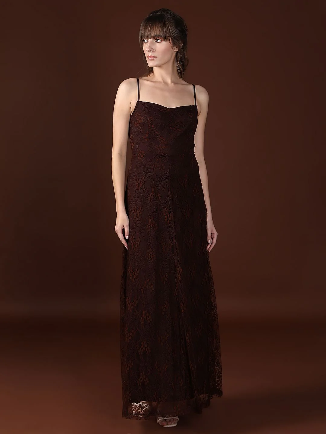 Dark Brown Mesh Lace Dress - Image 2
