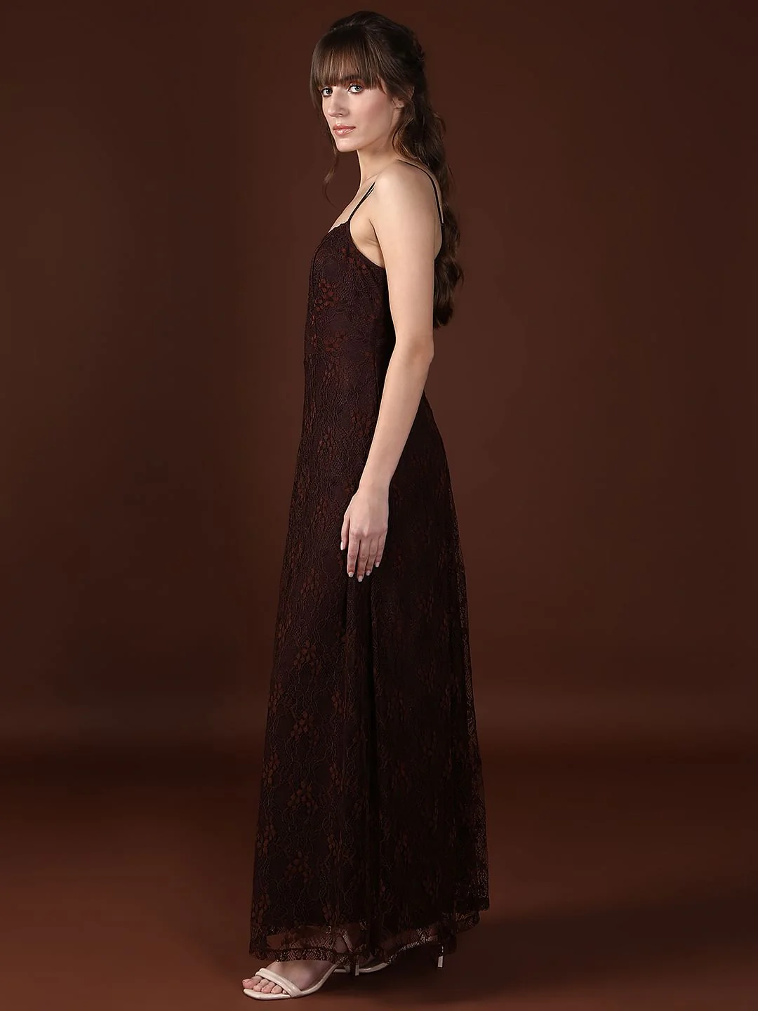 Dark Brown Mesh Lace Dress - Image 3