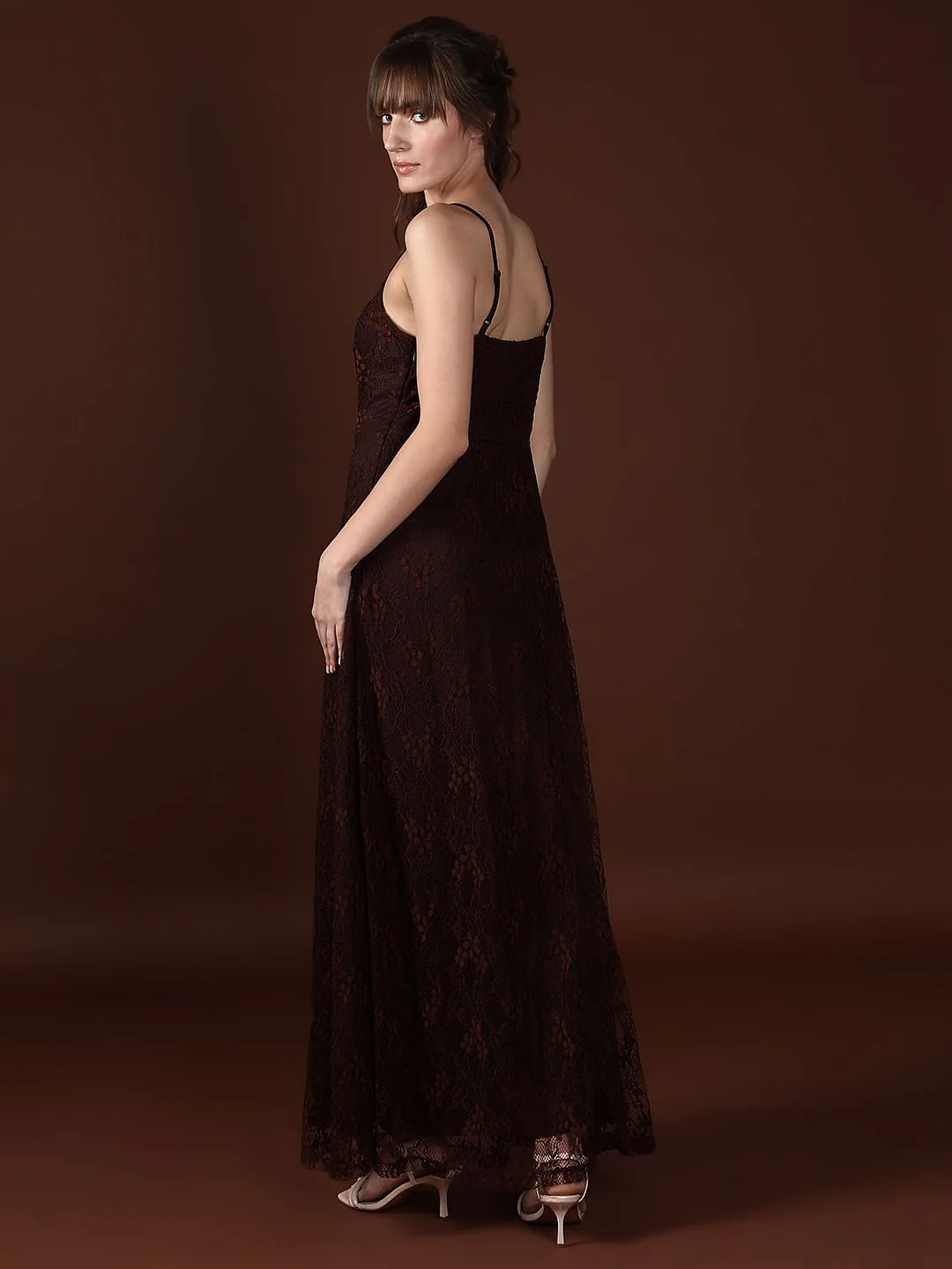 Dark Brown Mesh Lace Dress - Image 4