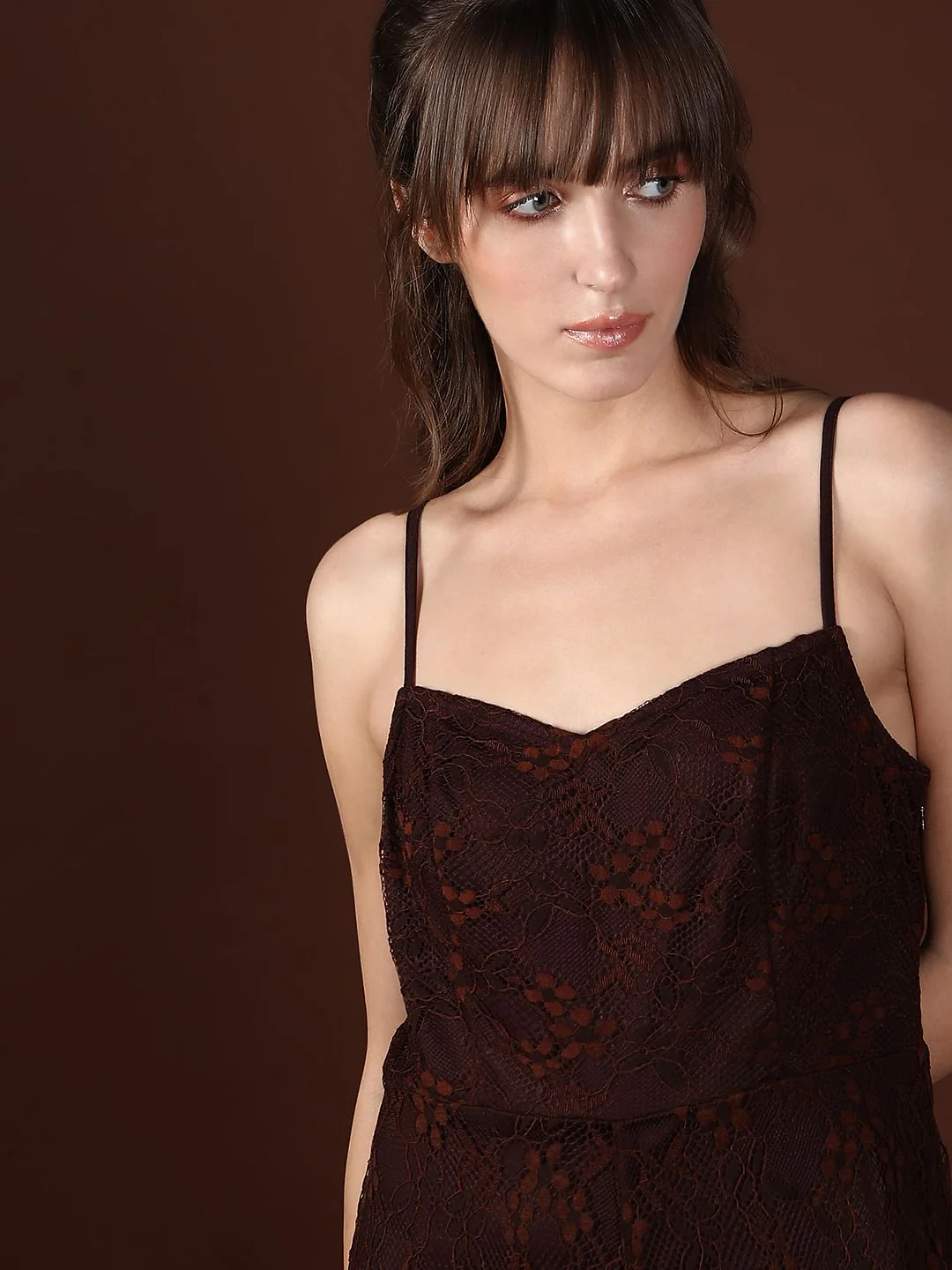 Dark Brown Mesh Lace Dress - Image 5