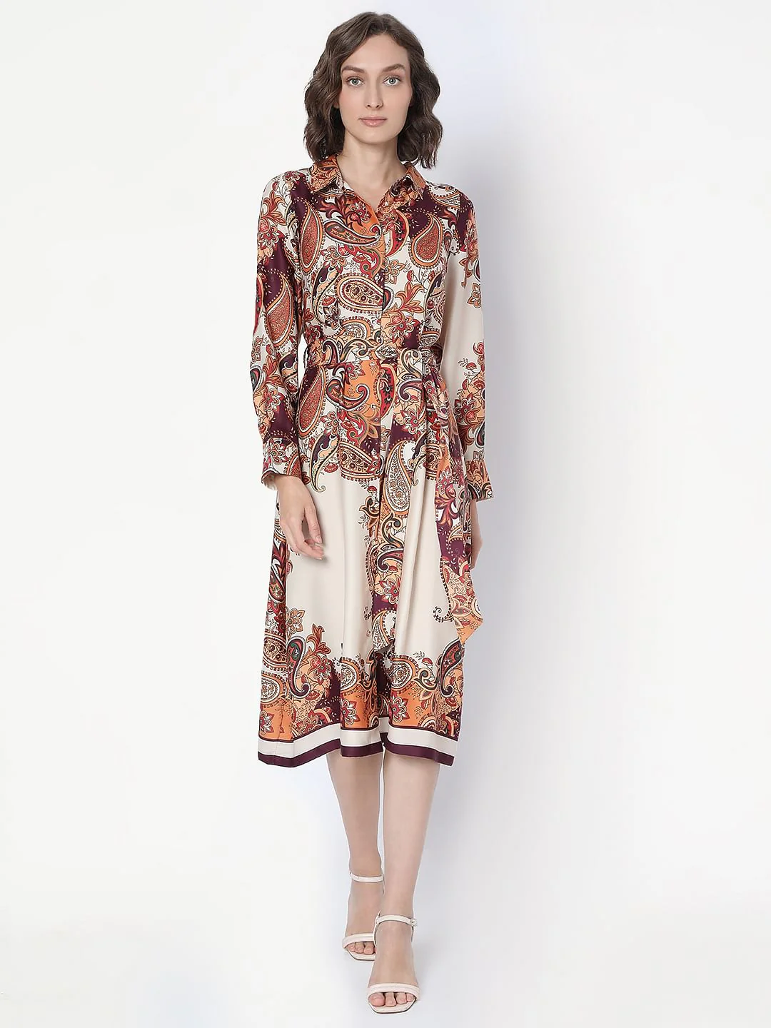 Brown Paisley Printed Shirt Dress - Image 2