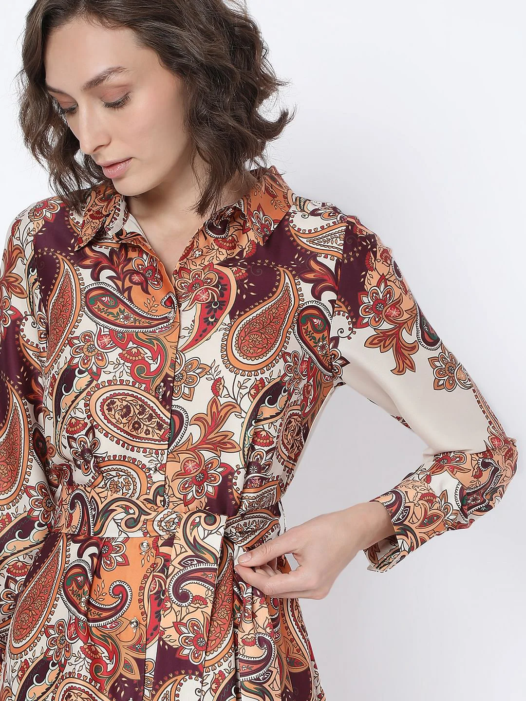Brown Paisley Printed Shirt Dress - Image 5