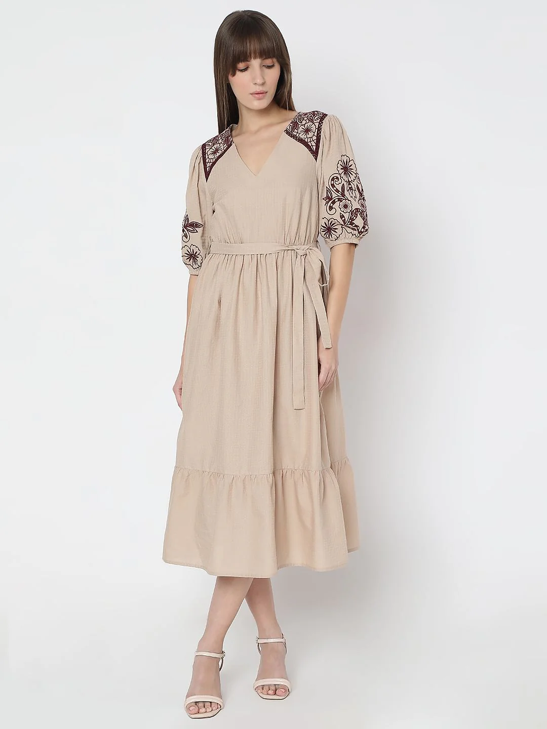 Beige Embroidered Midi Dress - Image 2