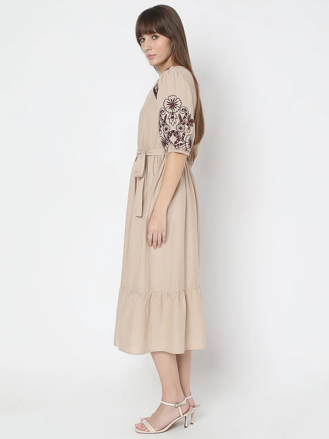 Beige Embroidered Midi Dress - Image 3