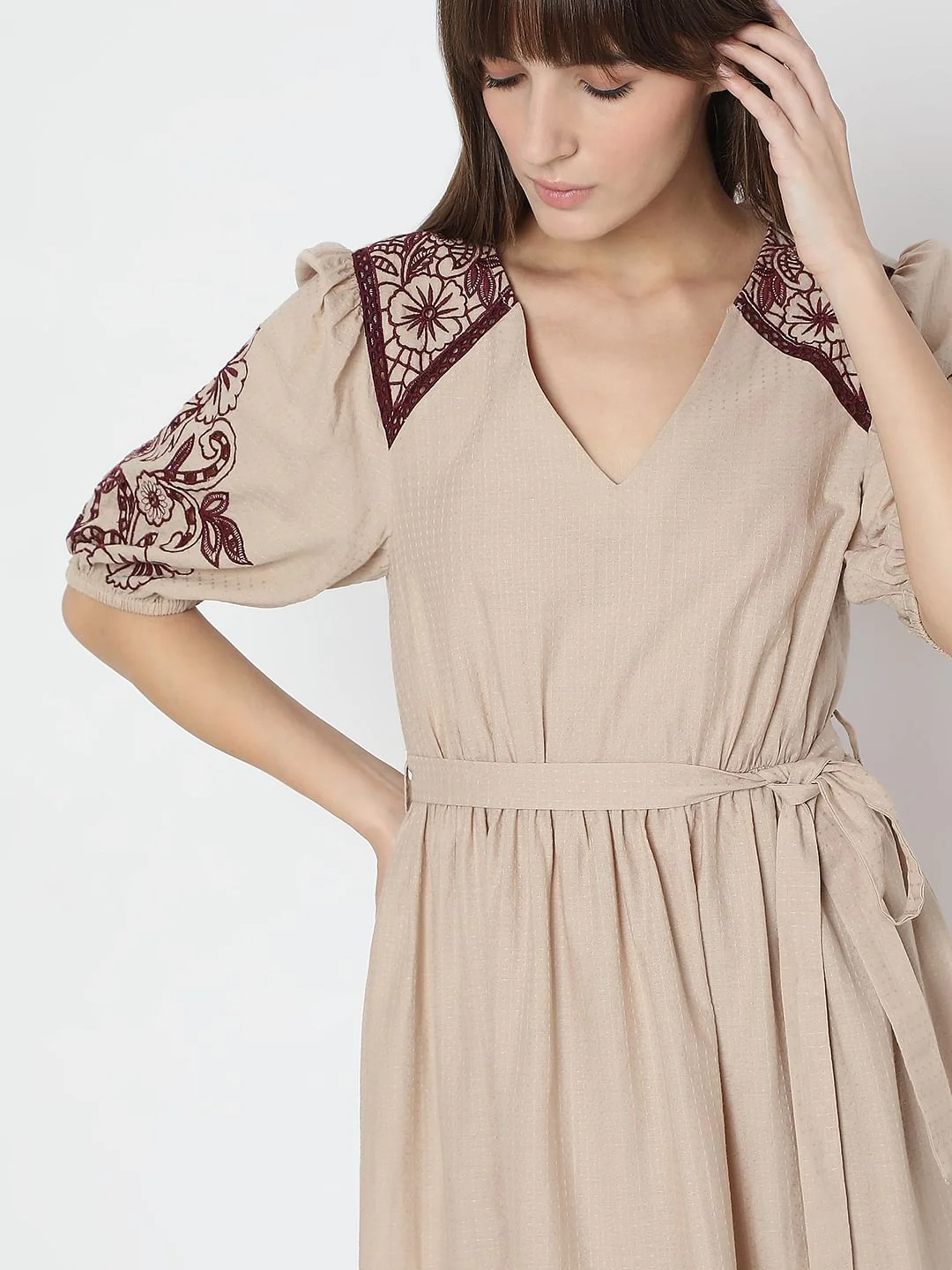 Beige Embroidered Midi Dress - Image 5