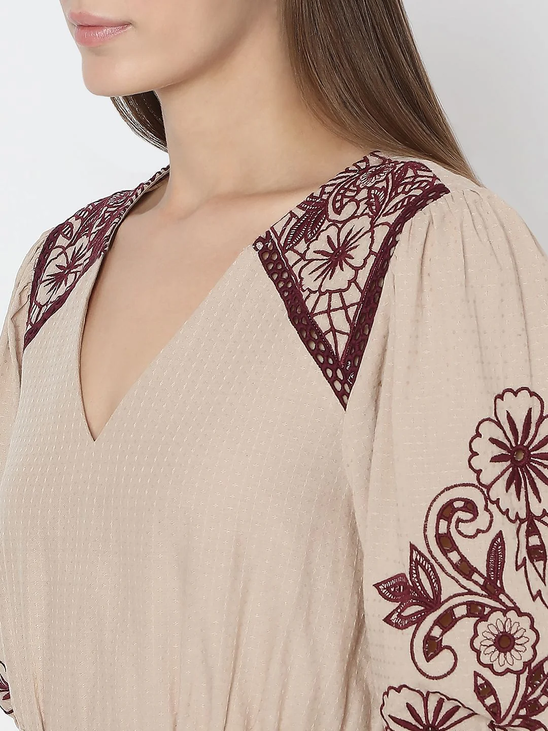 Beige Embroidered Midi Dress - Image 6