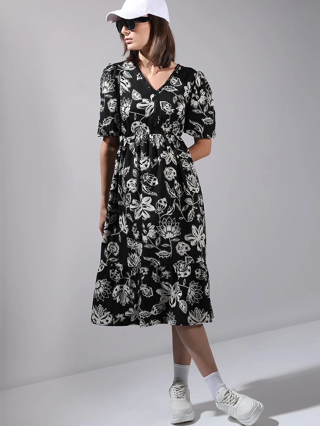 Black Printed Cotton Midi Dress