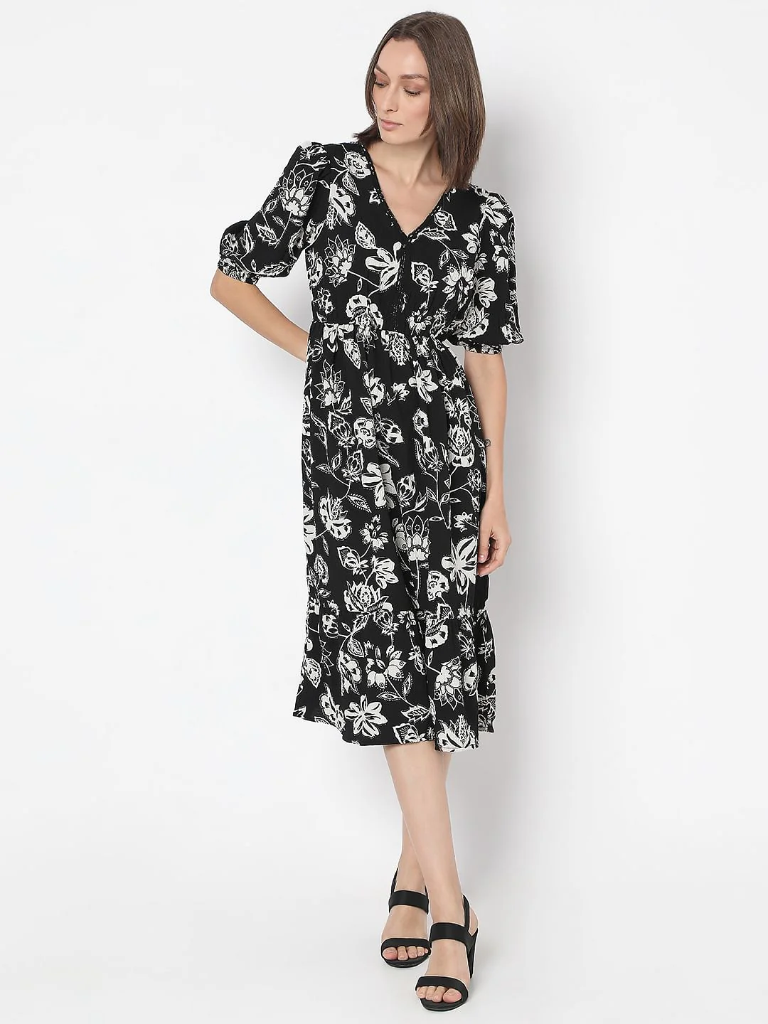 Black Printed Cotton Midi Dress - Image 2