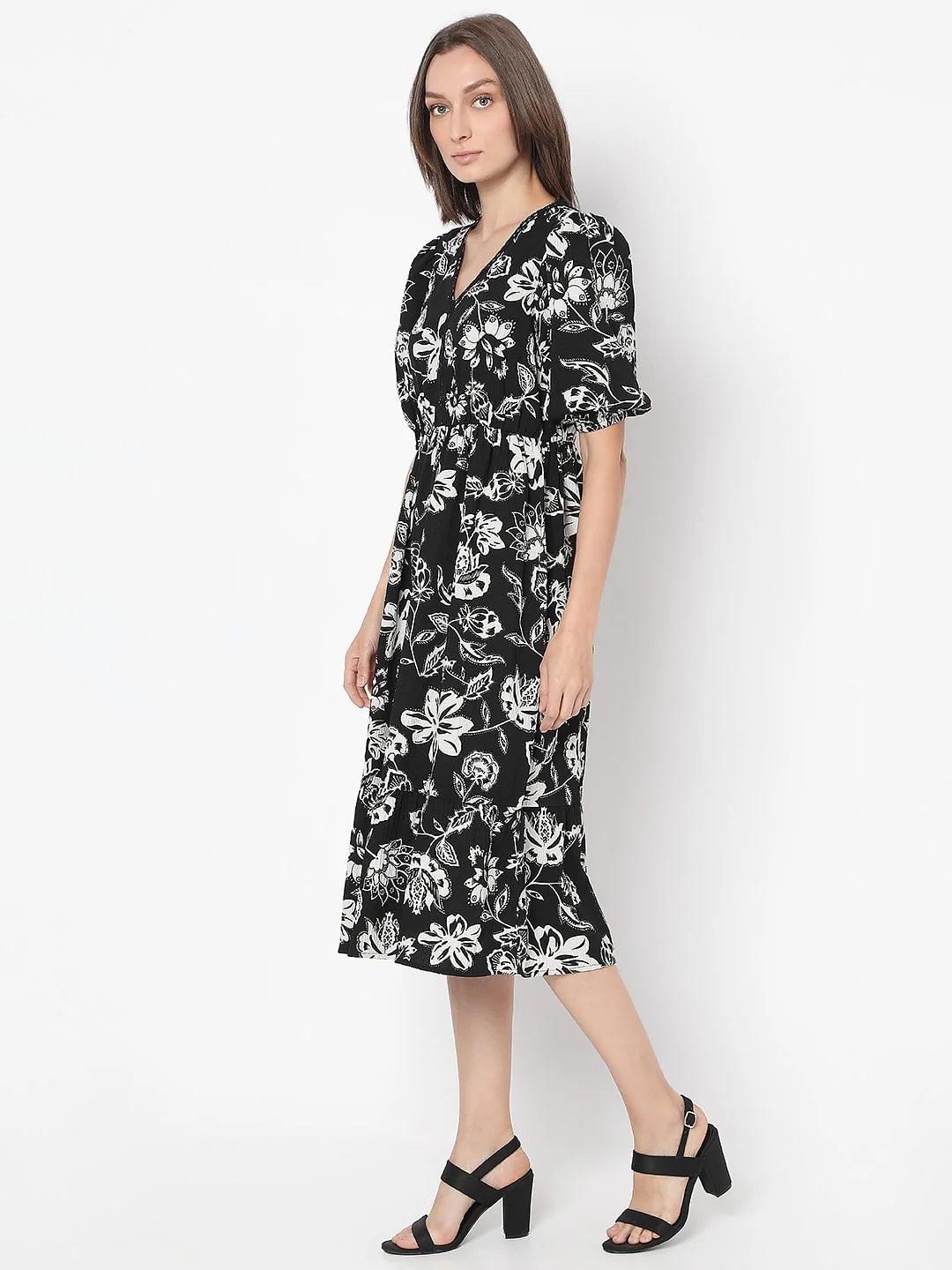 Black Printed Cotton Midi Dress - Image 3