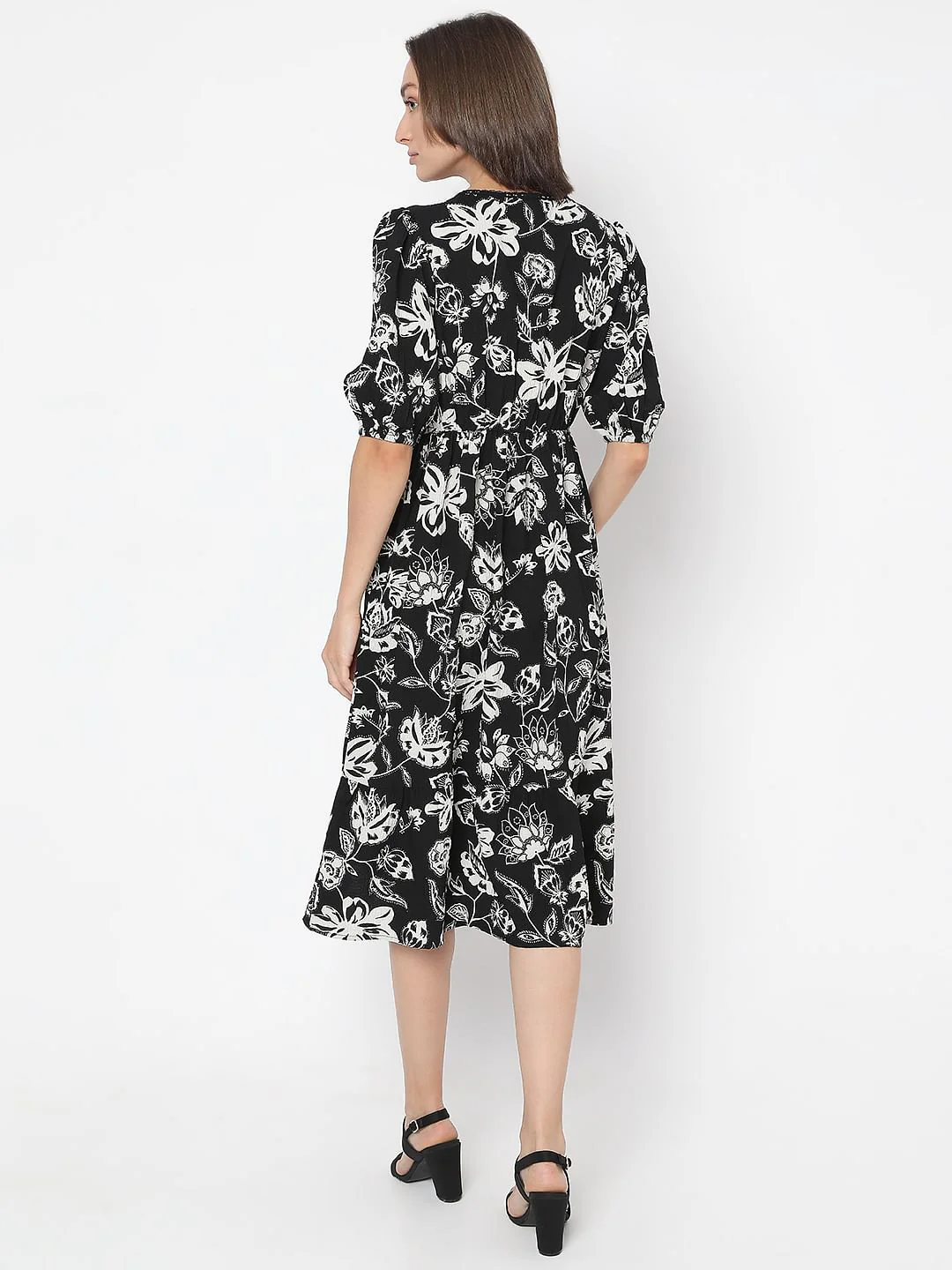 Black Printed Cotton Midi Dress - Image 4