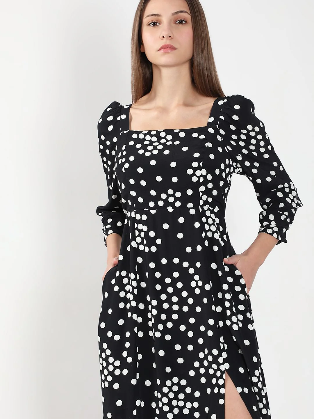Black Polka Dot Midi Dress - Image 5