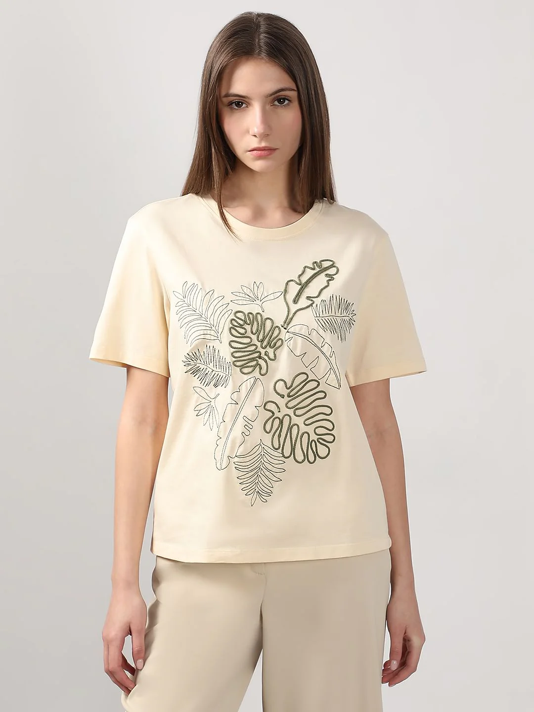 Ecru Cording Detail Cotton T-Shirt - Image 2