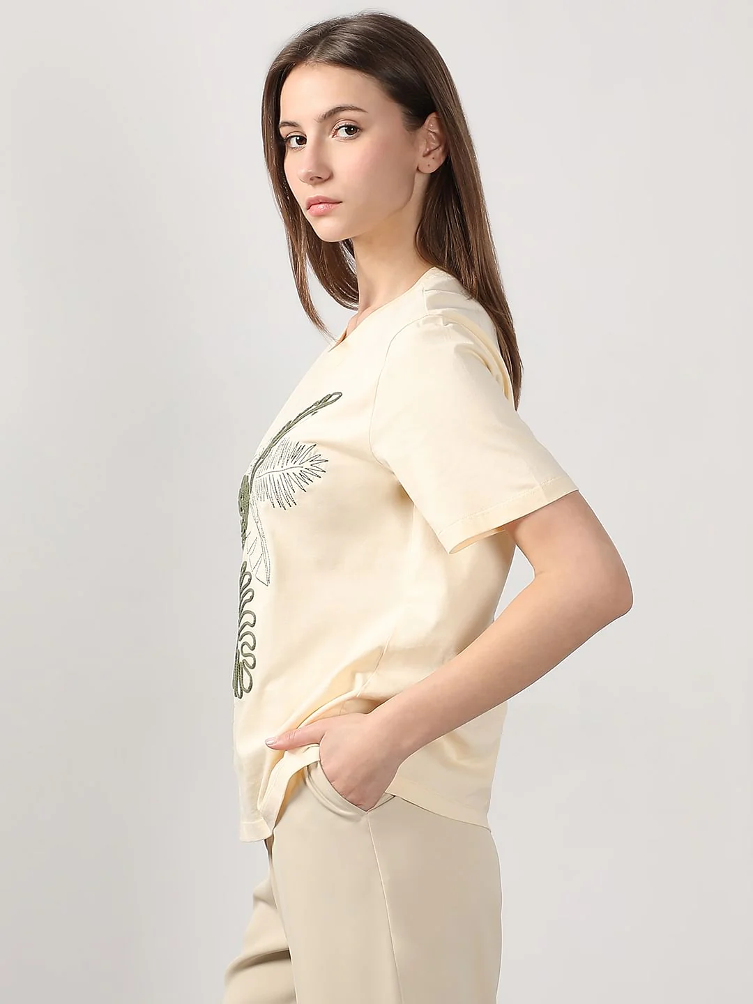 Ecru Cording Detail Cotton T-Shirt - Image 3