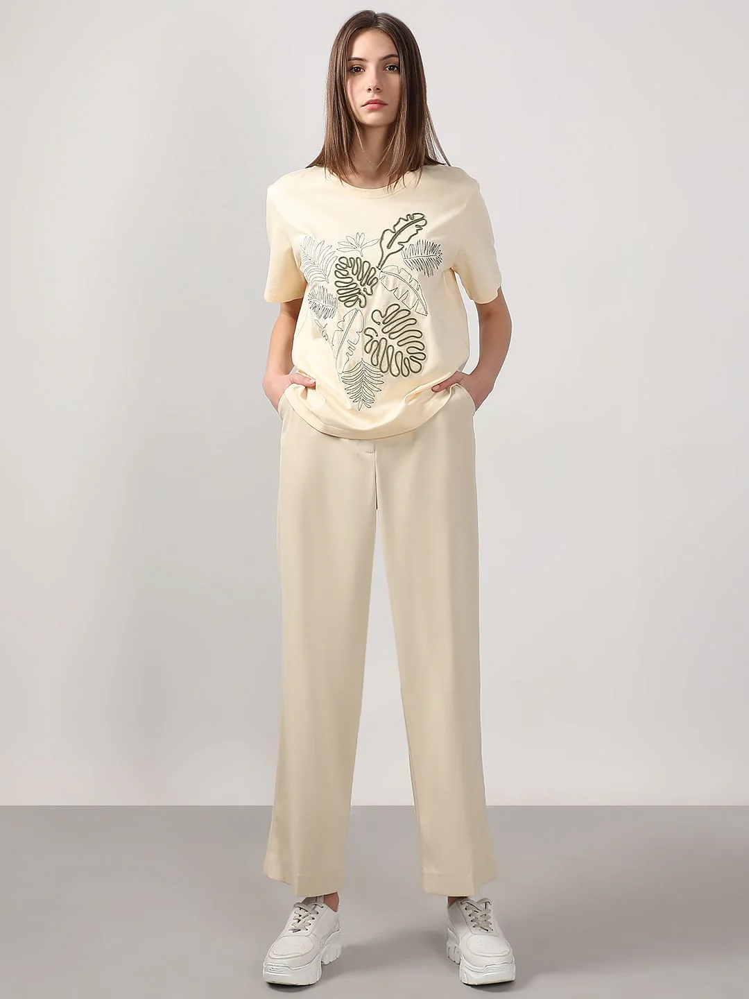 Ecru Cording Detail Cotton T-Shirt - Image 5