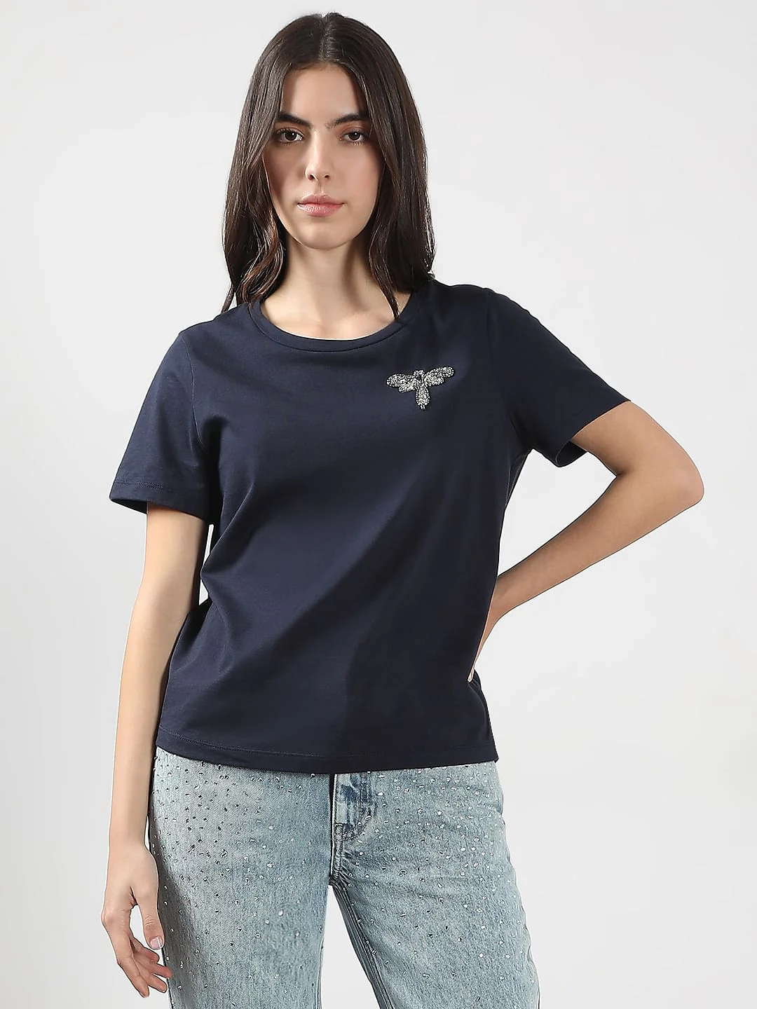 Navy Blue Motif Detail T-Shirt - Image 2