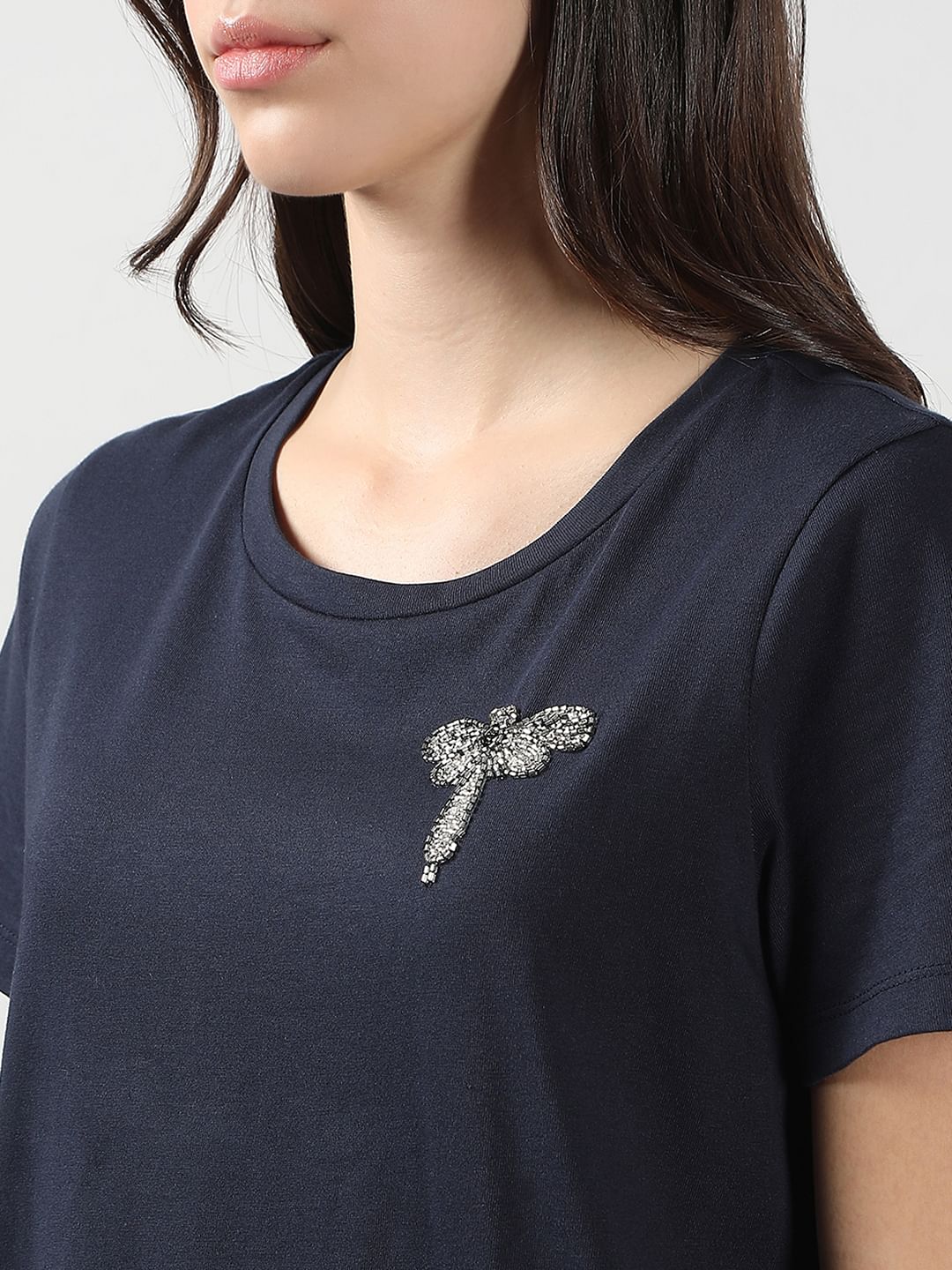 Navy Blue Motif Detail T-Shirt - Image 8