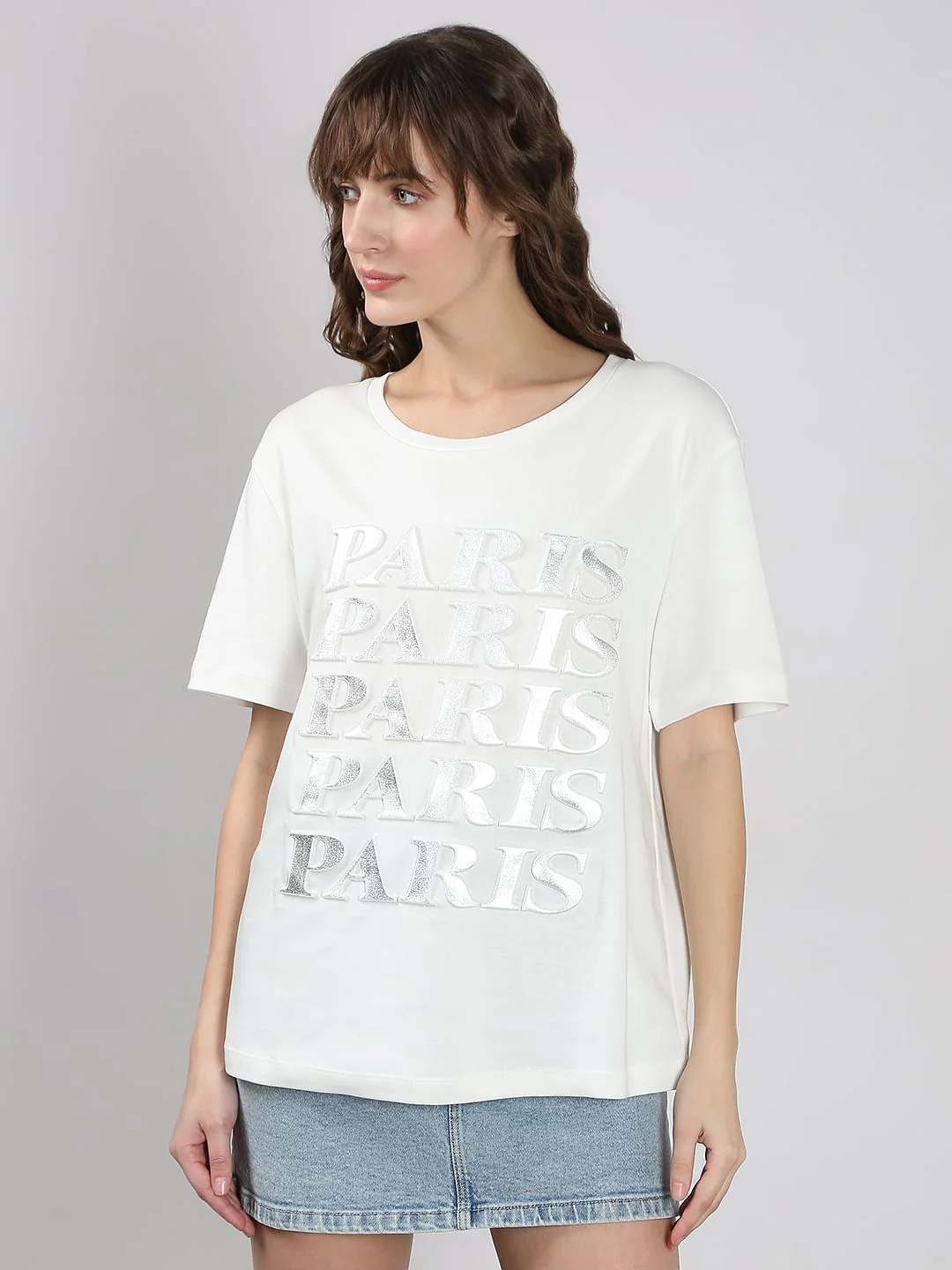 White Silver Text Cotton T-Shirt - Image 2