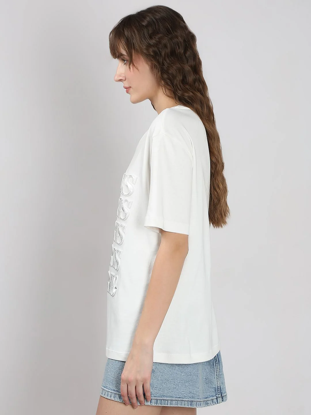 White Silver Text Cotton T-Shirt - Image 3