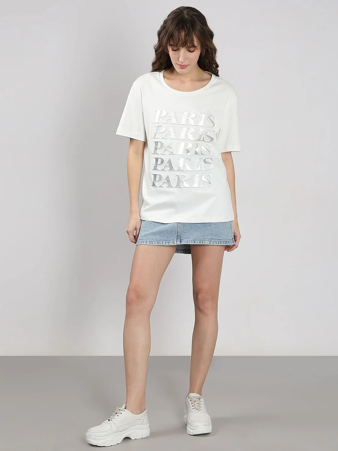 White Silver Text Cotton T-Shirt - Image 5