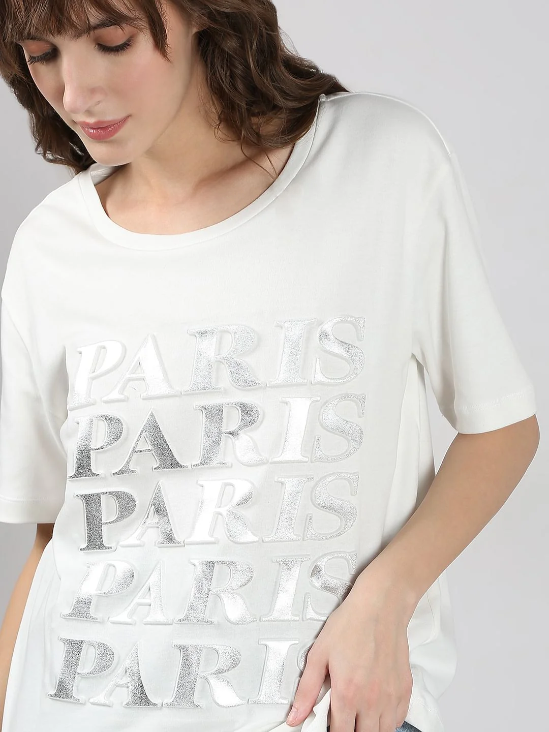 White Silver Text Cotton T-Shirt - Image 6