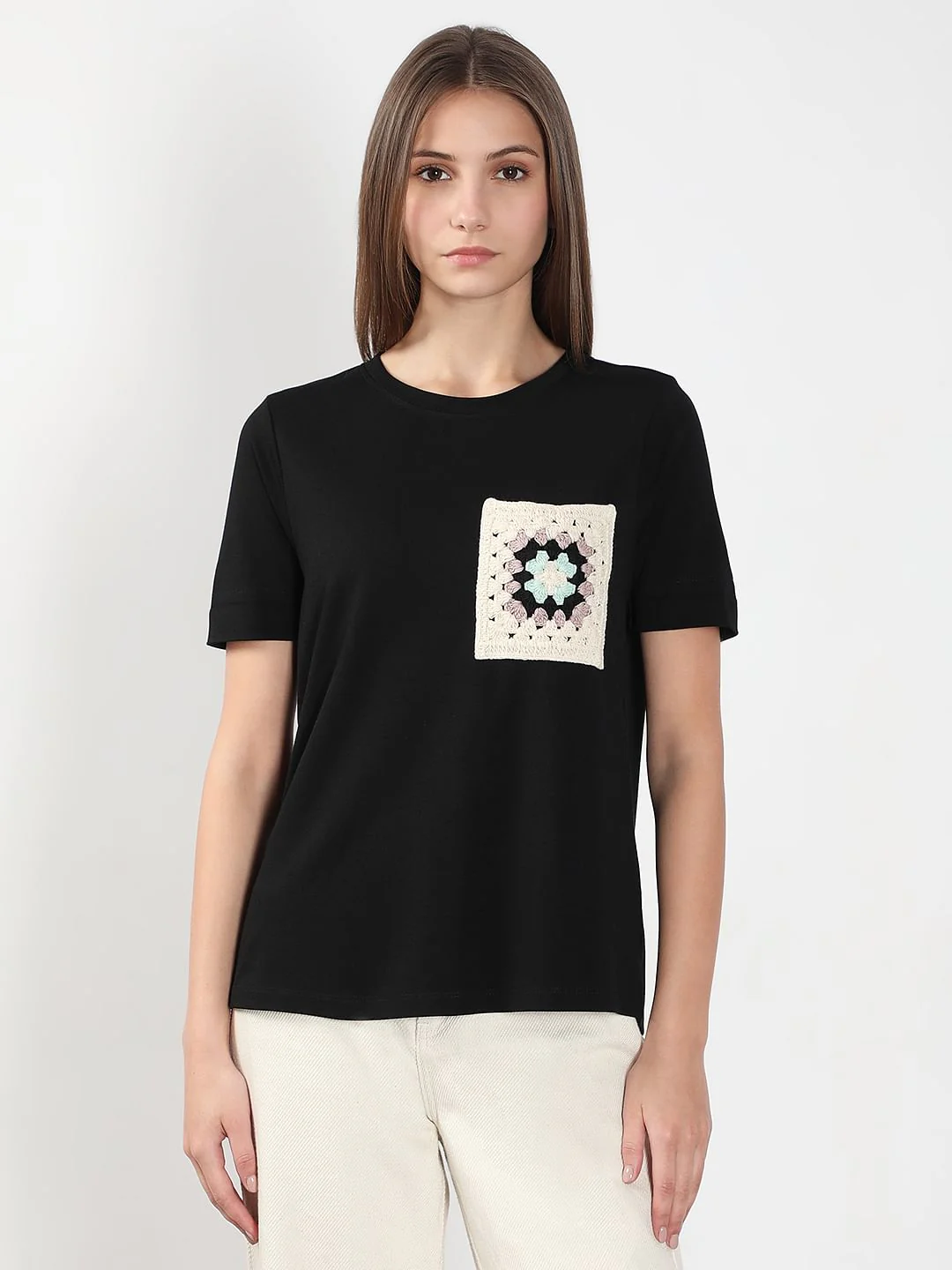 Black Crochet Pocket T-Shirt - Image 2
