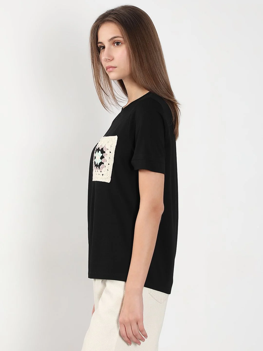 Black Crochet Pocket T-Shirt - Image 3