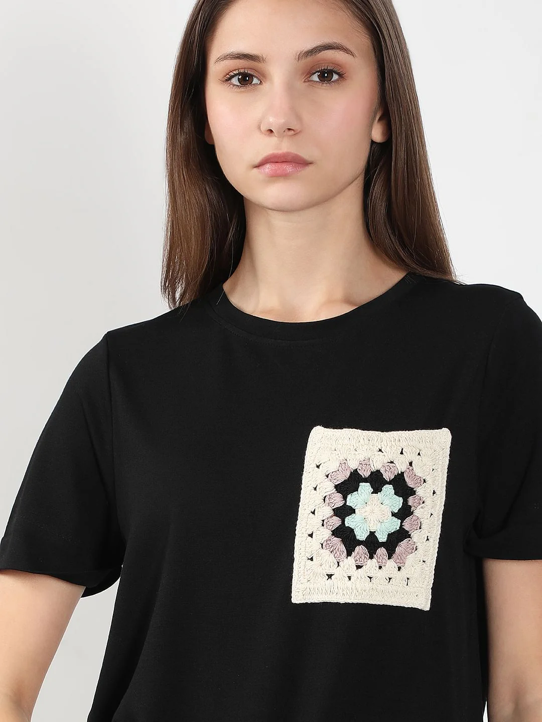 Black Crochet Pocket T-Shirt - Image 6