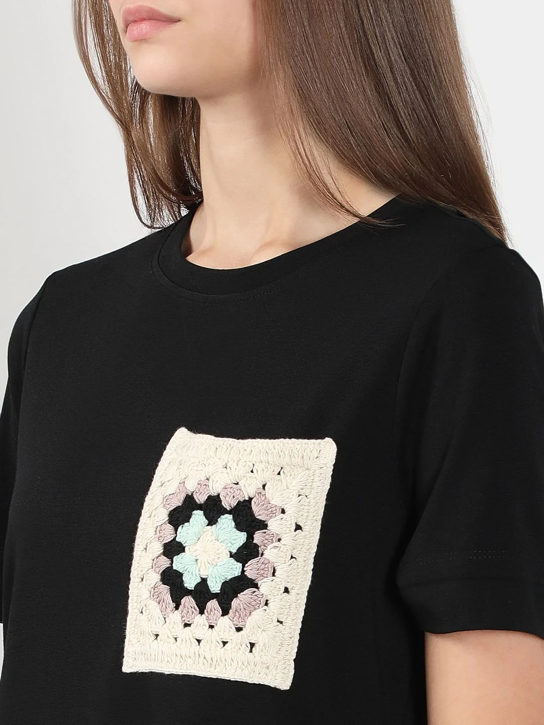 Black Crochet Pocket T-Shirt - Image 8