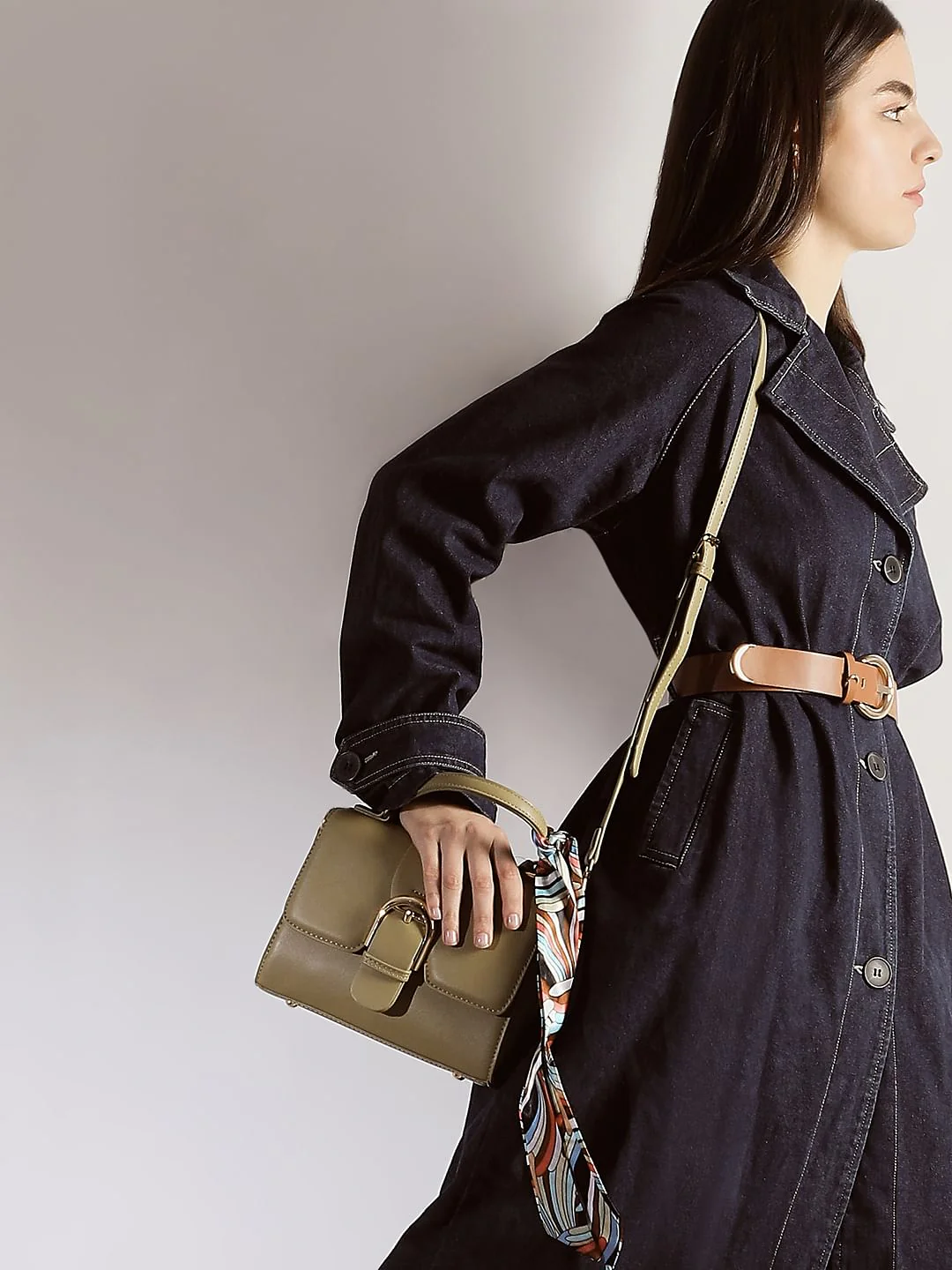 Khaki Scarf Detail Sling Bag