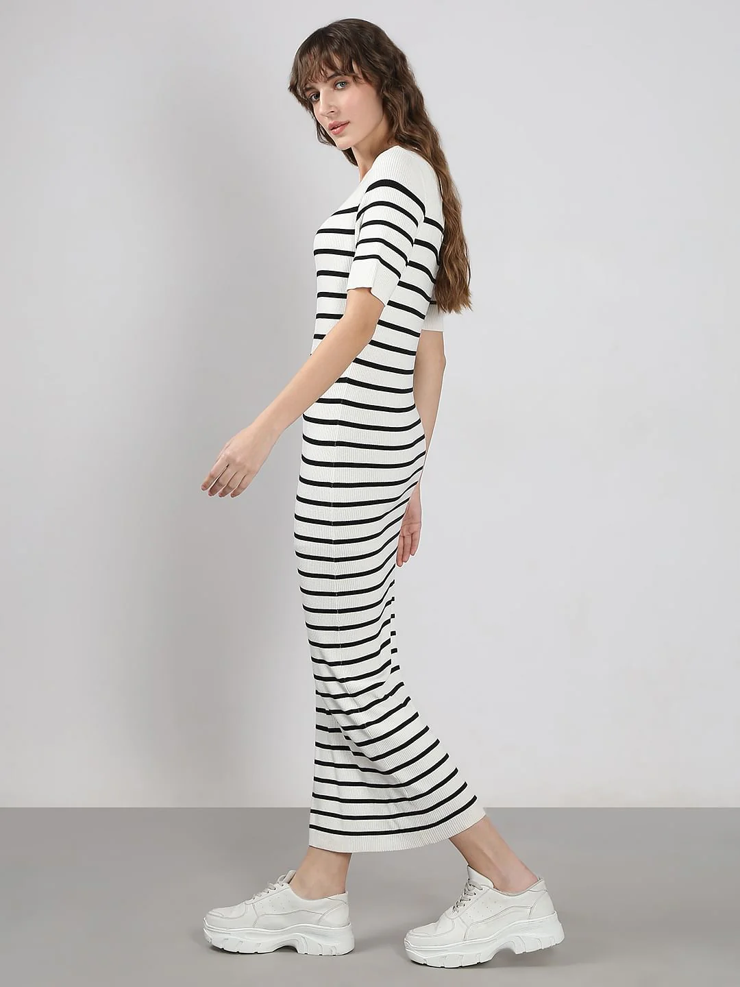 White Striped Ankle Length Dress - Image 3